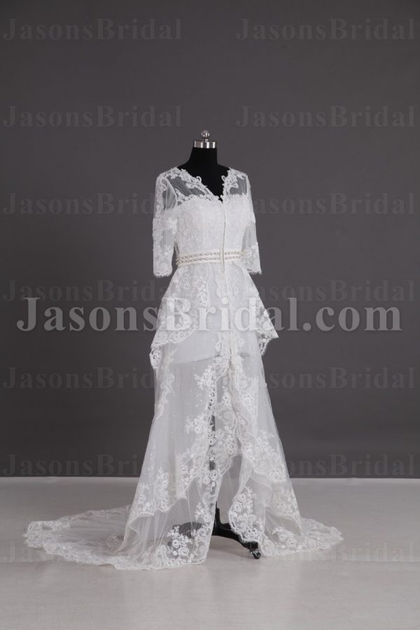 A-line Illusion 3/4 Sleeves Scalloped V-neck Jeweled Belt Sheer Back Layered Open Front Court Train Tulle Lace Wedding Dresses