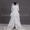 A-line Illusion 3/4 Sleeves Scalloped V-neck Jeweled Belt Sheer Back Layered Open Front Court Train Tulle Lace Wedding Dresses