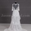 A-line Illusion 3/4 Sleeves Scalloped V-neck Jeweled Belt Sheer Back Layered Open Front Court Train Tulle Lace Wedding Dresses