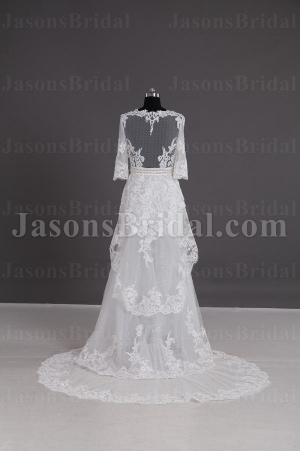 A-line Illusion 3/4 Sleeves Scalloped V-neck Jeweled Belt Sheer Back Layered Open Front Court Train Tulle Lace Wedding Dresses
