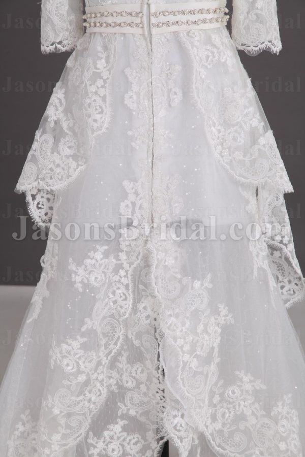 A-line Illusion 3/4 Sleeves Scalloped V-neck Jeweled Belt Sheer Back Layered Open Front Court Train Tulle Lace Wedding Dresses