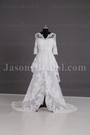 A-line Illusion 3/4 Sleeves Scalloped V-neck Jeweled Belt Sheer Back Layered Open Front Court Train Tulle Lace Wedding Dresses