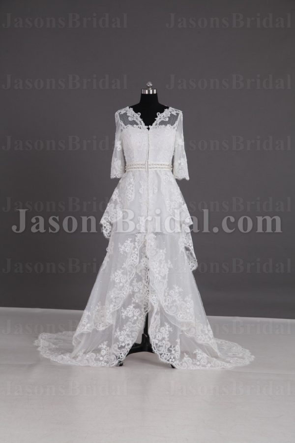 A-line Illusion 3/4 Sleeves Scalloped V-neck Jeweled Belt Sheer Back Layered Open Front Court Train Tulle Lace Wedding Dresses