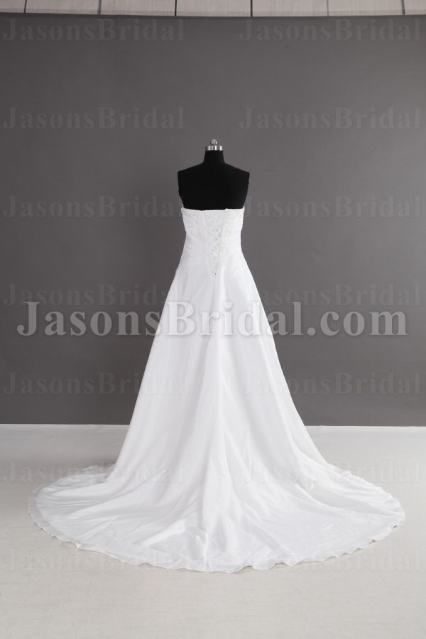 A-line Strapless Beaded Appliqued Asymmetrical Ruched Chapel Train Organza over Satin Wedding Dresses
