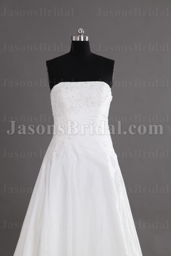 A-line Strapless Beaded Appliqued Asymmetrical Ruched Chapel Train Organza over Satin Wedding Dresses