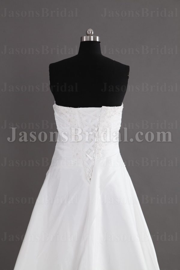 A-line Strapless Beaded Appliqued Asymmetrical Ruched Chapel Train Organza over Satin Wedding Dresses