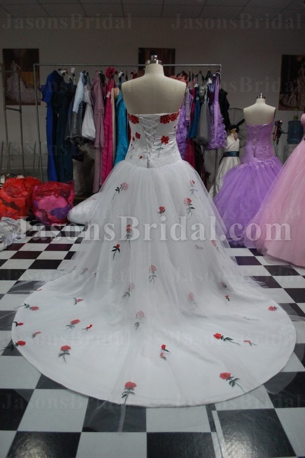 A-line Strapless Dropped Embroidered Flowers Corset Chapel Train Tulle over Satin Wedding Dresses
