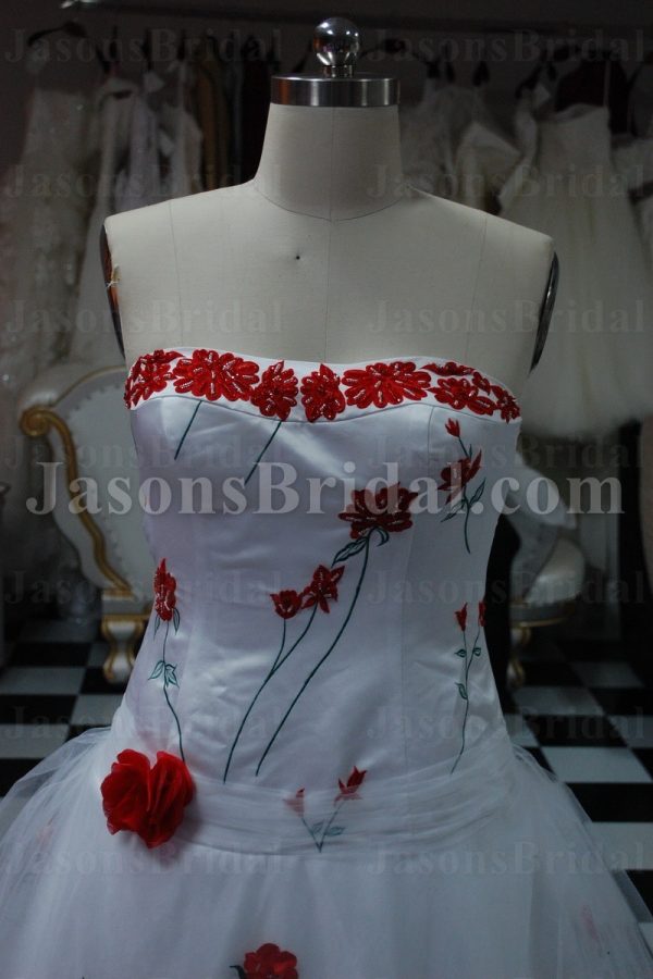 A-line Strapless Dropped Embroidered Flowers Corset Chapel Train Tulle over Satin Wedding Dresses