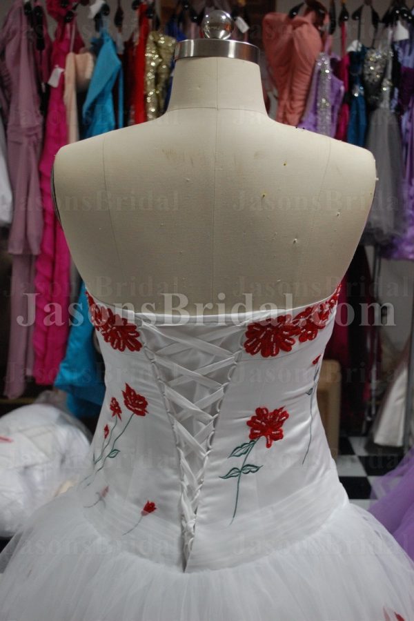 A-line Strapless Dropped Embroidered Flowers Corset Chapel Train Tulle over Satin Wedding Dresses