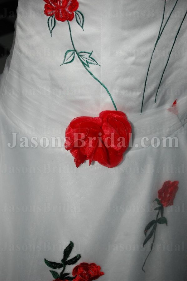 A-line Strapless Dropped Embroidered Flowers Corset Chapel Train Tulle over Satin Wedding Dresses