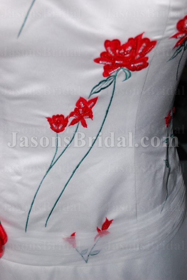 A-line Strapless Dropped Embroidered Flowers Corset Chapel Train Tulle over Satin Wedding Dresses