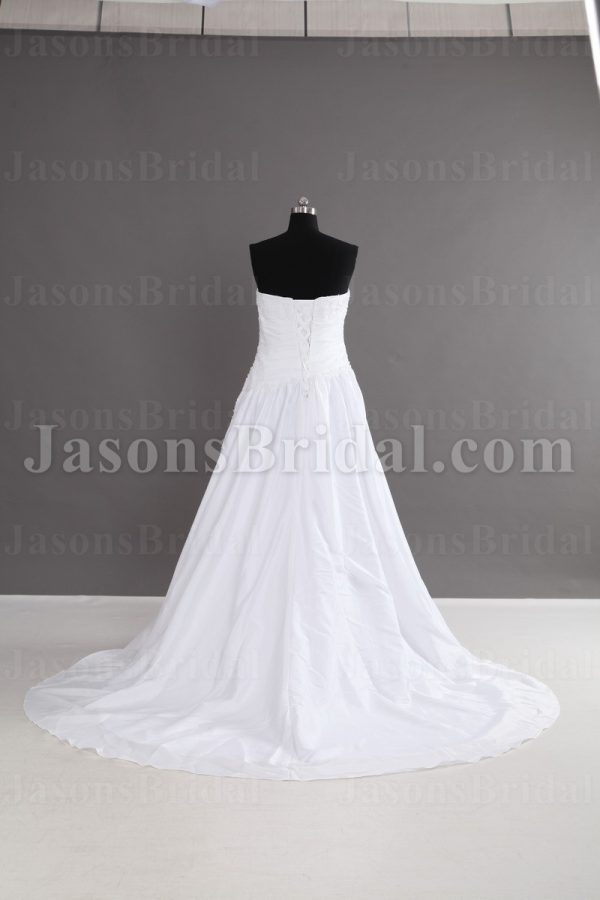 A-line Strapless Beaded Embroidered Asymmetrical Ruched Pleated Chapel Train Satin Wedding Dresses