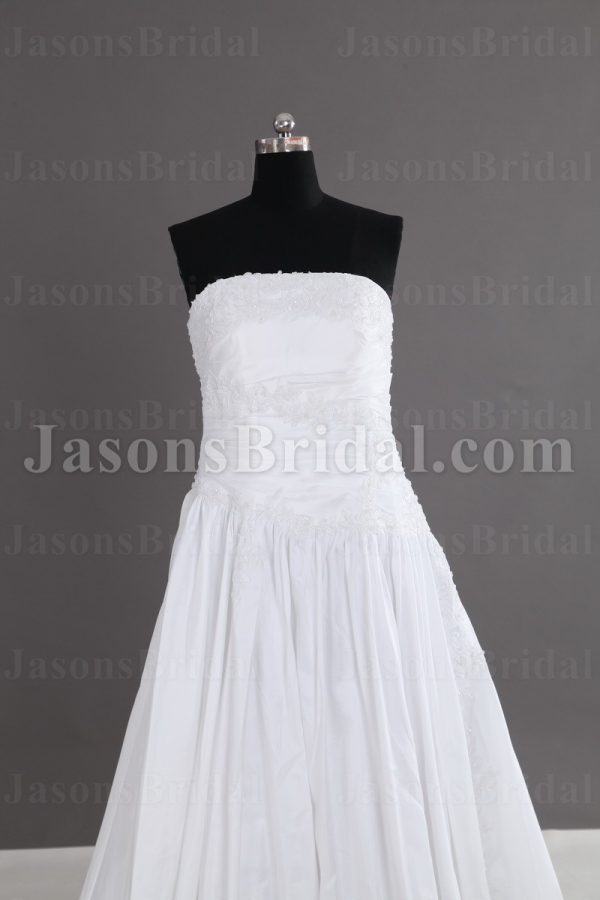 A-line Strapless Beaded Embroidered Asymmetrical Ruched Pleated Chapel Train Satin Wedding Dresses