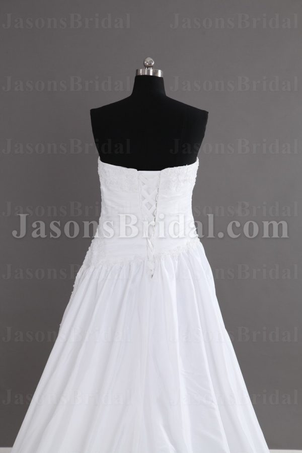 A-line Strapless Beaded Embroidered Asymmetrical Ruched Pleated Chapel Train Satin Wedding Dresses
