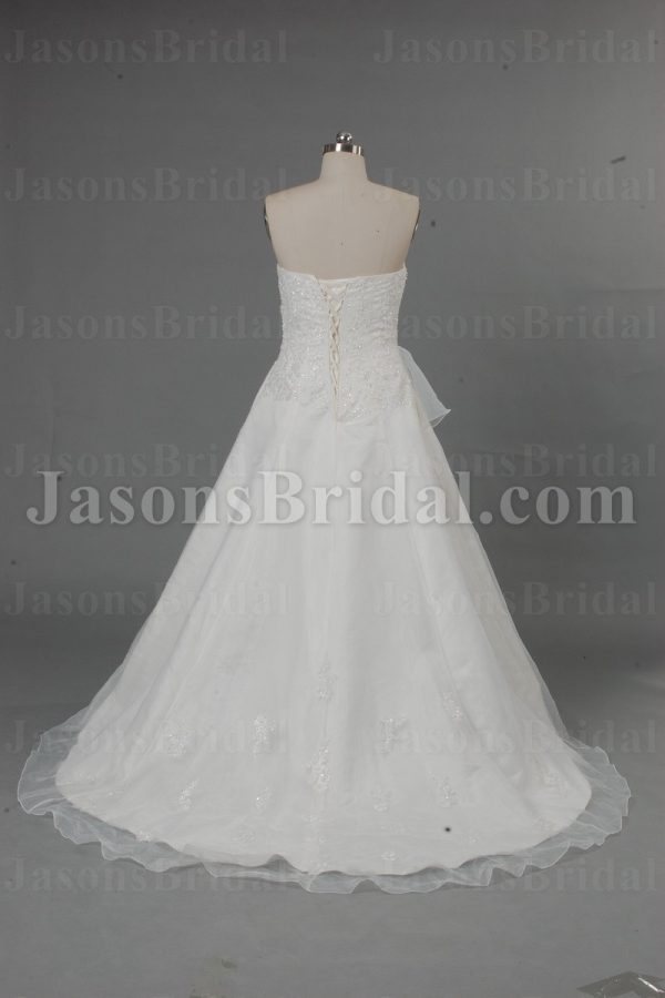 A-line Sweetheart Beaded Embroidered Asymmetrical Ruched Side Draped Sweep Train Organza over Satin Wedding Dresses