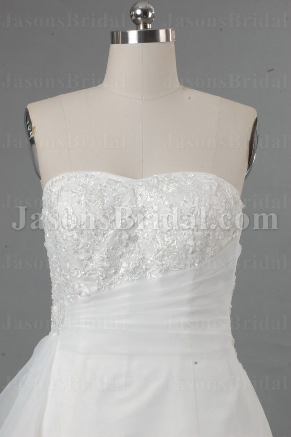 A-line Sweetheart Beaded Embroidered Asymmetrical Ruched Side Draped Sweep Train Organza over Satin Wedding Dresses