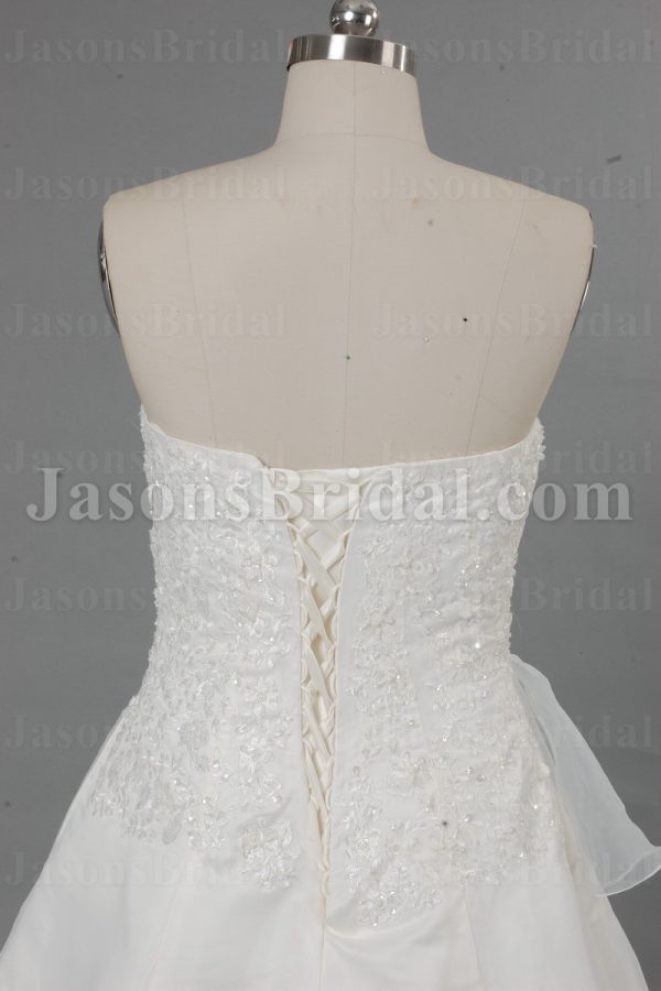 A-line Sweetheart Beaded Embroidered Asymmetrical Ruched Side Draped Sweep Train Organza over Satin Wedding Dresses