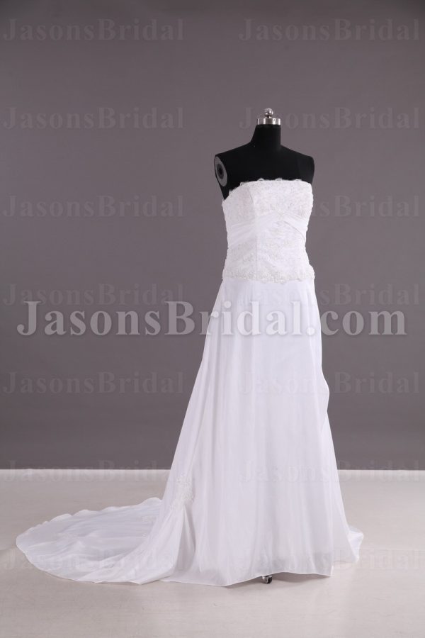 Slim A-line Strapless Beaded Appliqued Bodice Empire Ribbon Catch-up Chapel Train Taffeta Wedding Dresses