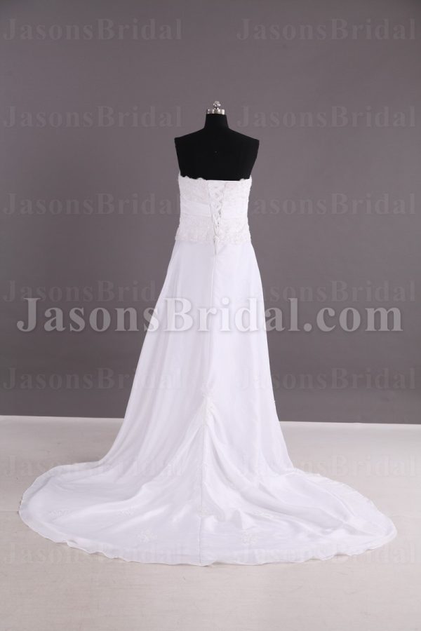 Slim A-line Strapless Beaded Appliqued Bodice Empire Ribbon Catch-up Chapel Train Taffeta Wedding Dresses