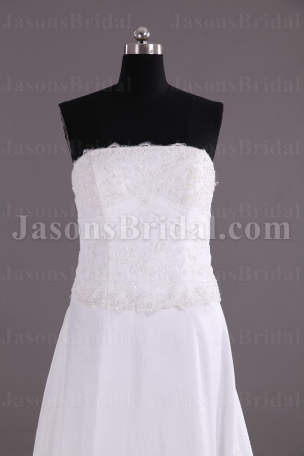 Slim A-line Strapless Beaded Appliqued Bodice Empire Ribbon Catch-up Chapel Train Taffeta Wedding Dresses