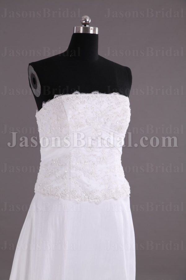 Slim A-line Strapless Beaded Appliqued Bodice Empire Ribbon Catch-up Chapel Train Taffeta Wedding Dresses