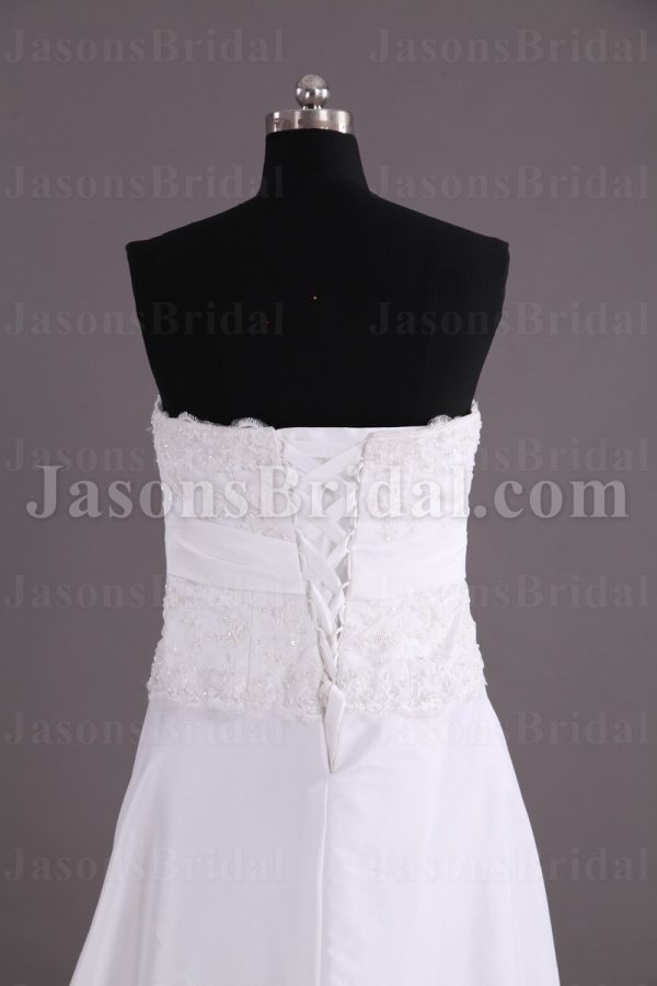 Slim A-line Strapless Beaded Appliqued Bodice Empire Ribbon Catch-up Chapel Train Taffeta Wedding Dresses