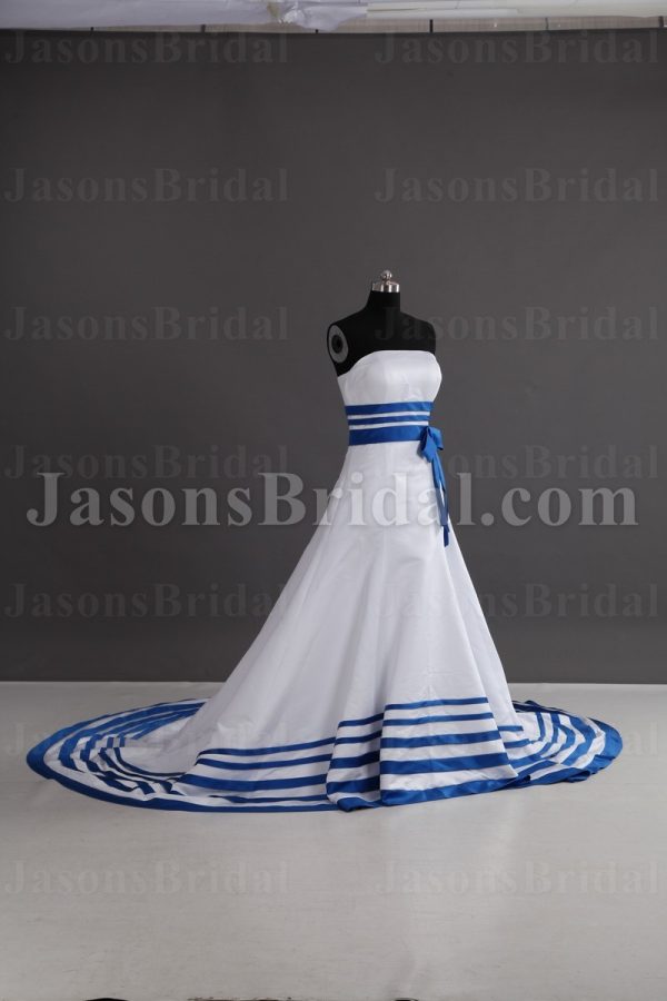 A-line Strapless Ribbons Bowknot Striped Hem Chapel Train Satin Wedding Dresses