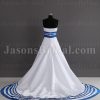 A-line Strapless Ribbons Bowknot Striped Hem Chapel Train Satin Wedding Dresses
