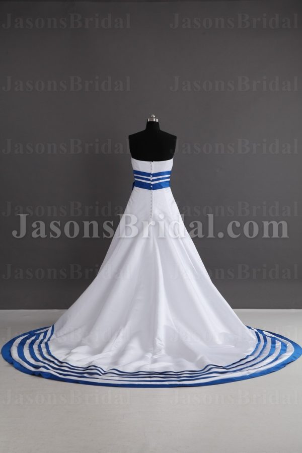 A-line Strapless Ribbons Bowknot Striped Hem Chapel Train Satin Wedding Dresses