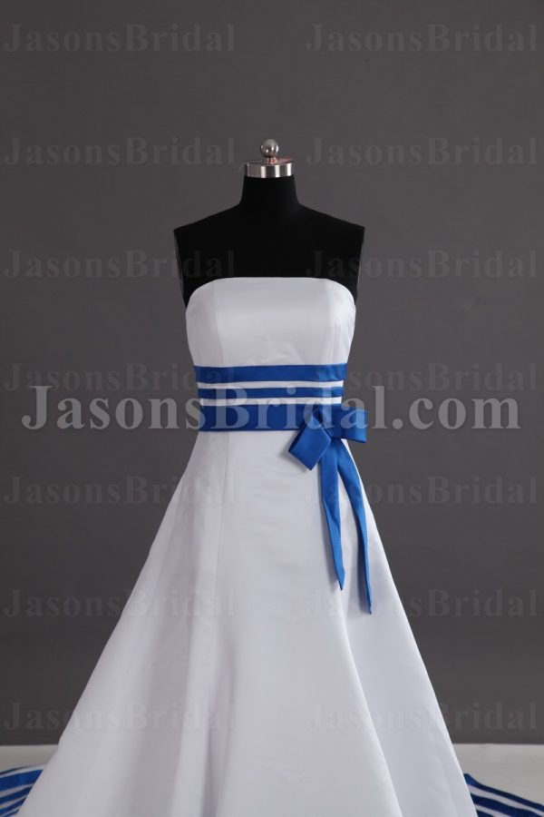 A-line Strapless Ribbons Bowknot Striped Hem Chapel Train Satin Wedding Dresses