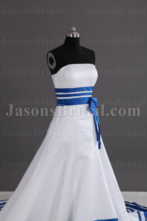 A-line Strapless Ribbons Bowknot Striped Hem Chapel Train Satin Wedding Dresses