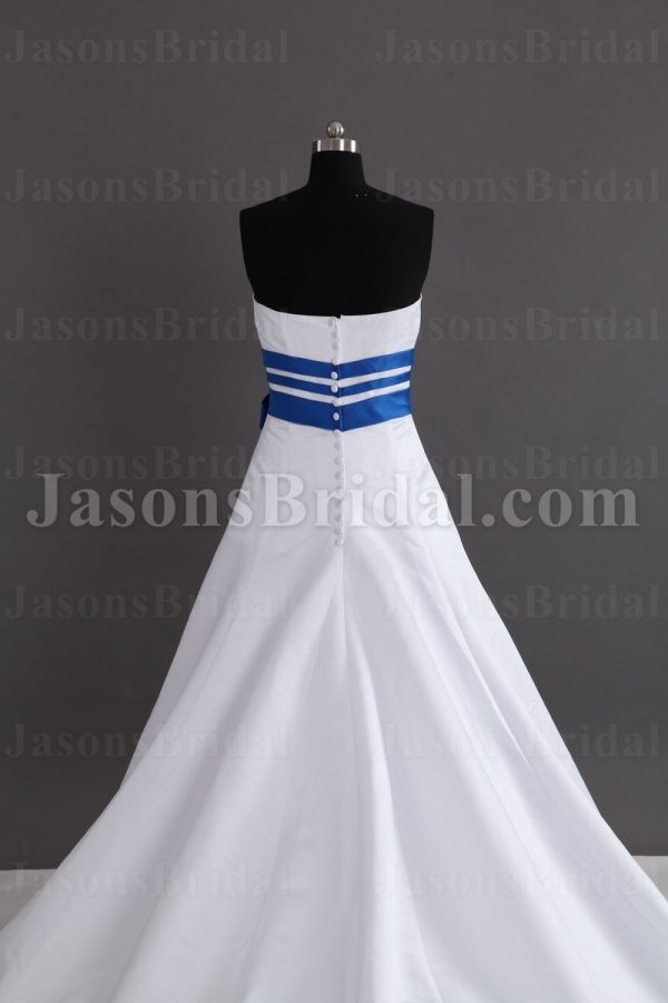 A-line Strapless Ribbons Bowknot Striped Hem Chapel Train Satin Wedding Dresses