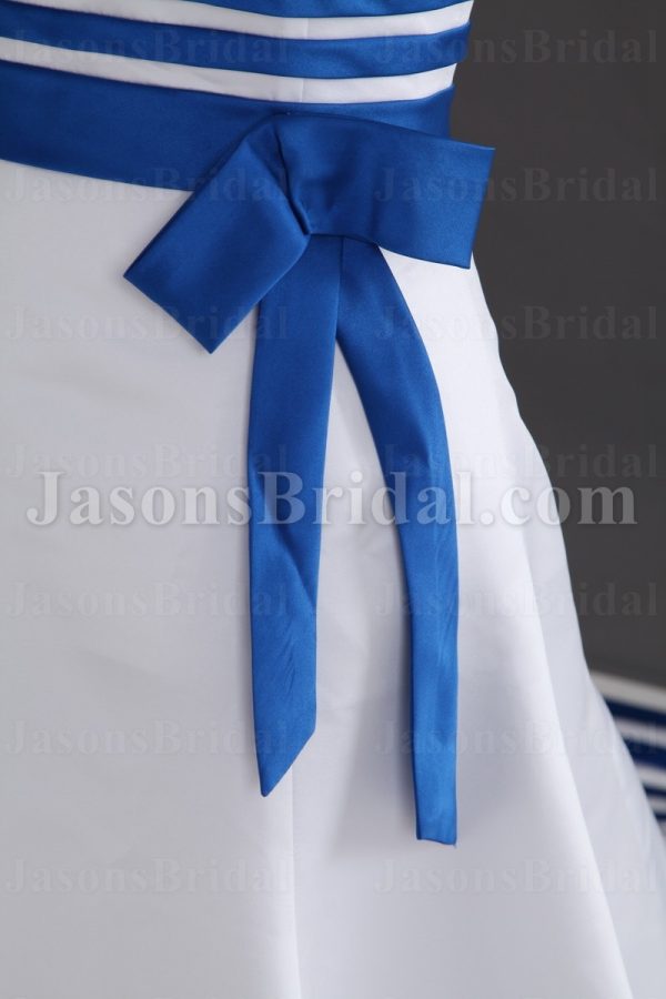 A-line Strapless Ribbons Bowknot Striped Hem Chapel Train Satin Wedding Dresses