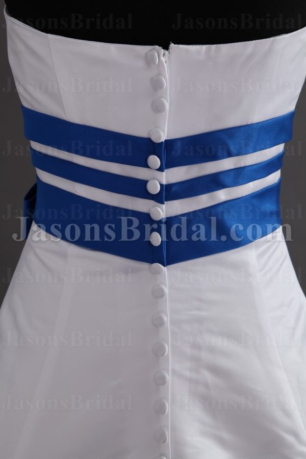 A-line Strapless Ribbons Bowknot Striped Hem Chapel Train Satin Wedding Dresses