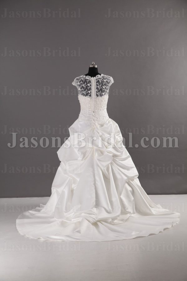 Ball Gown Illusion Bolero Sheer Back Scalloped Bodice Jeweled Embroidered Chapel Train Pick-up Satin Wedding Dresses