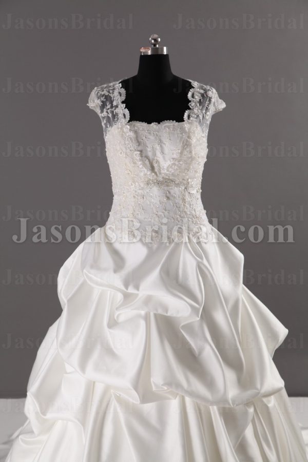 Ball Gown Illusion Bolero Sheer Back Scalloped Bodice Jeweled Embroidered Chapel Train Pick-up Satin Wedding Dresses