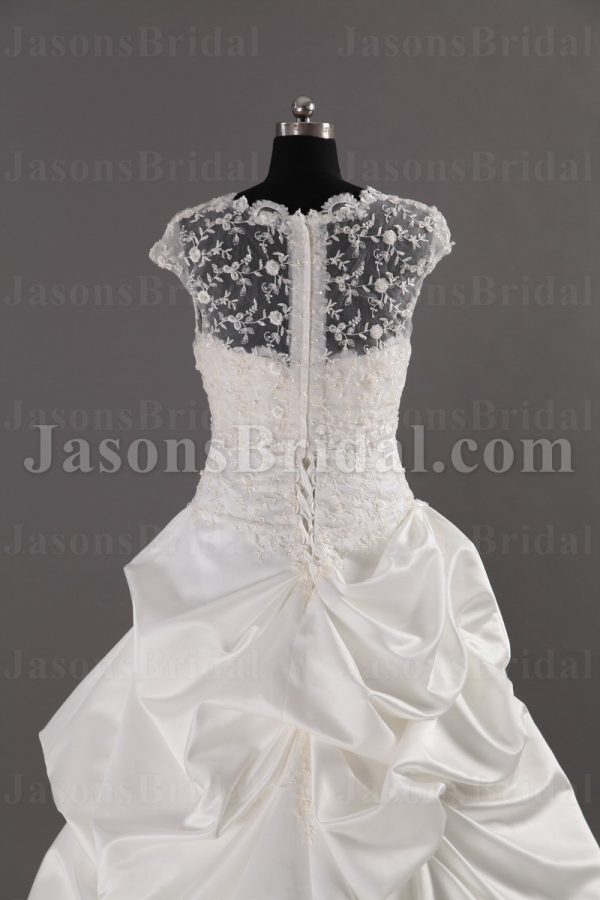 Ball Gown Illusion Bolero Sheer Back Scalloped Bodice Jeweled Embroidered Chapel Train Pick-up Satin Wedding Dresses