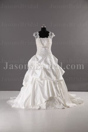 Ball Gown Illusion Bolero Sheer Back Scalloped Bodice Jeweled Embroidered Chapel Train Pick-up Satin Wedding Dresses