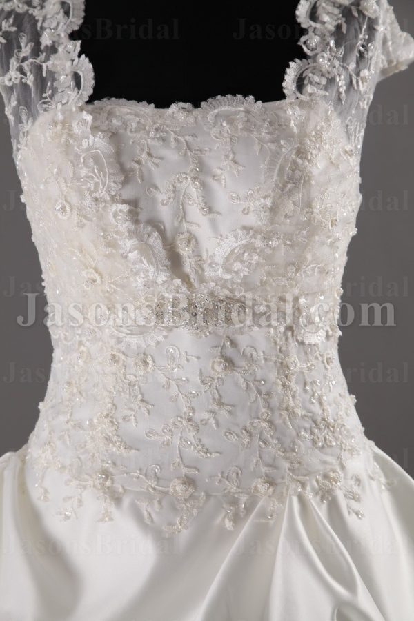 Ball Gown Illusion Bolero Sheer Back Scalloped Bodice Jeweled Embroidered Chapel Train Pick-up Satin Wedding Dresses