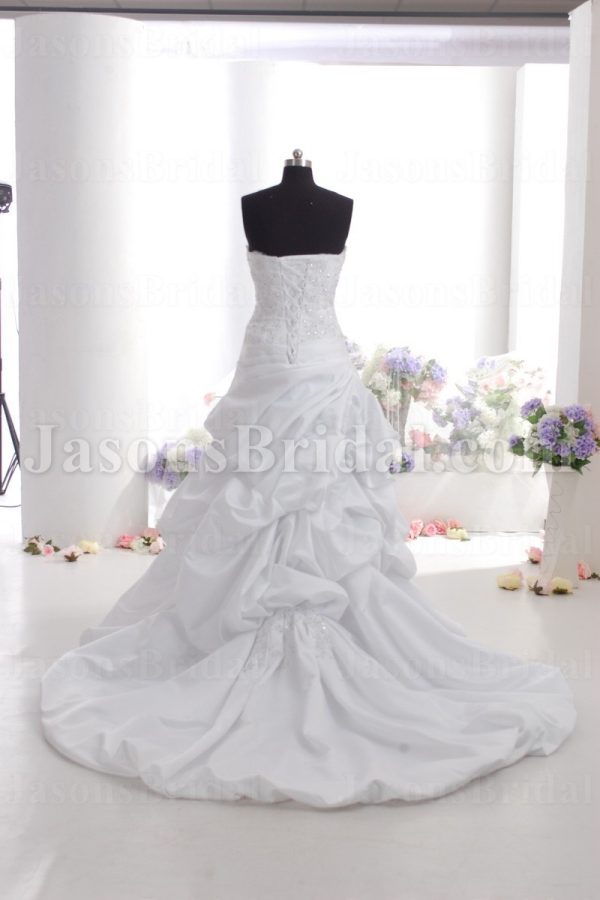 Ball Gown Scalloped Sweetheart Beaded Embroidered Asymmetrical Pleated Dropped Pick-up Draped Chapel Train Satin Wedding Dresses