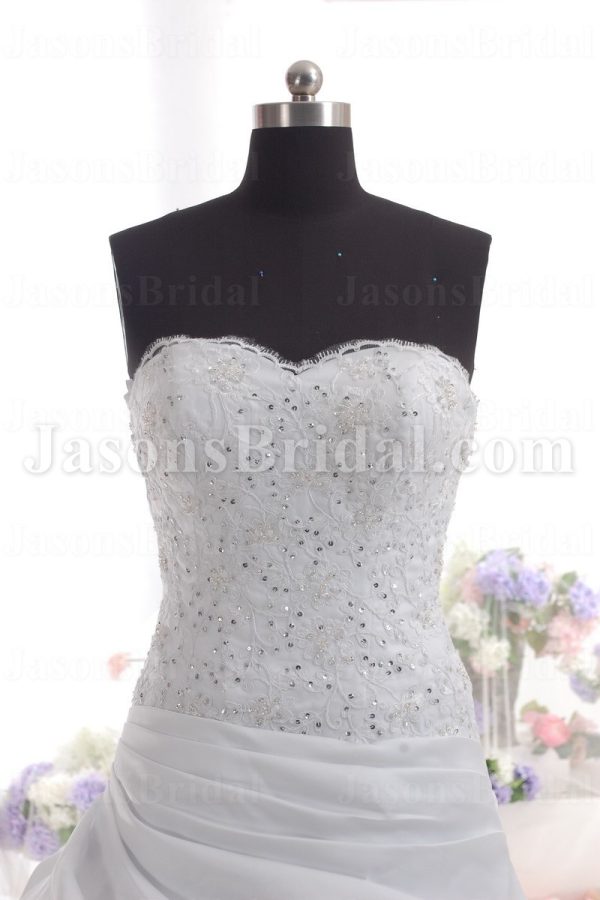 Ball Gown Scalloped Sweetheart Beaded Embroidered Asymmetrical Pleated Dropped Pick-up Draped Chapel Train Satin Wedding Dresses