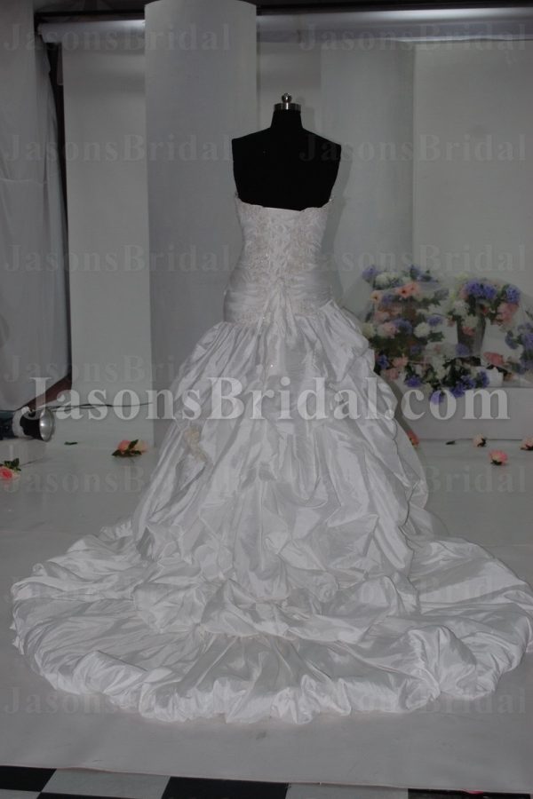 Ball Gown Sweetheart Beaded Appliqued Asymmetrical Ruched Dropped Pick-up Catch-up Chapel Train Taffeta Lace Wedding Dresses