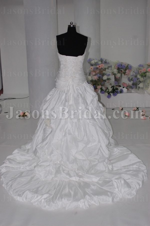 Ball Gown Sweetheart Beaded Appliqued Asymmetrical Ruched Dropped Pick-up Catch-up Chapel Train Taffeta Lace Wedding Dresses