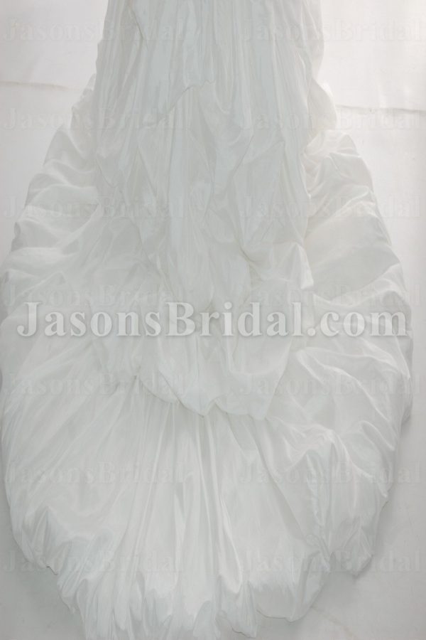 Ball Gown Sweetheart Beaded Appliqued Asymmetrical Ruched Dropped Pick-up Catch-up Chapel Train Taffeta Lace Wedding Dresses