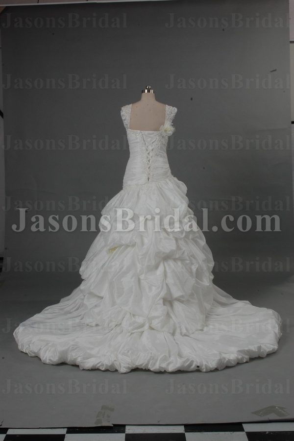 Ball Gown Cap Sleeves Sweetheart Beaded Appliqued Asymmetrical Ruched Dropped Pick-up Catch-up Chapel Train Taffeta Lace Wedding Dresses