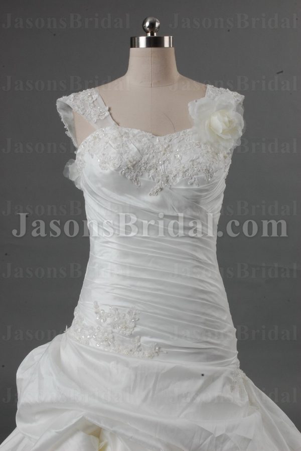 Ball Gown Cap Sleeves Sweetheart Beaded Appliqued Asymmetrical Ruched Dropped Pick-up Catch-up Chapel Train Taffeta Lace Wedding Dresses