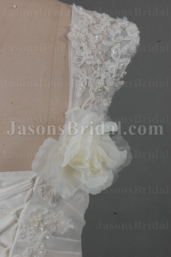 Ball Gown Cap Sleeves Sweetheart Beaded Appliqued Asymmetrical Ruched Dropped Pick-up Catch-up Chapel Train Taffeta Lace Wedding Dresses