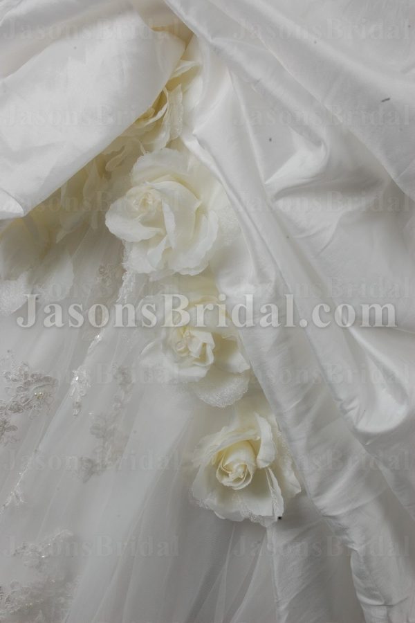 Ball Gown Cap Sleeves Sweetheart Beaded Appliqued Asymmetrical Ruched Dropped Pick-up Catch-up Chapel Train Taffeta Lace Wedding Dresses