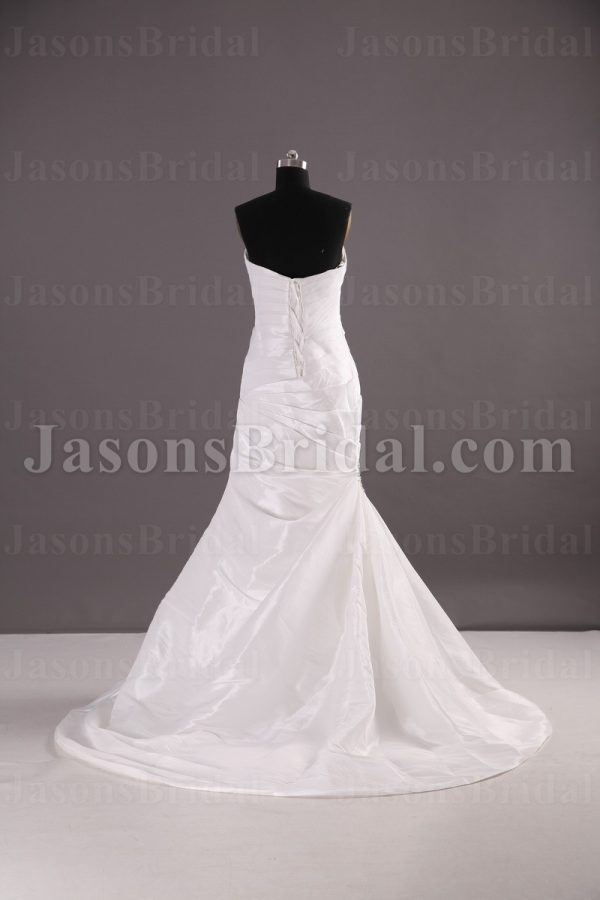 Fit-and-Flare Sweetheart Ruched Jeweled Asymmetrical Pleated Side Motif Sweep Train Satin Wedding Dresses