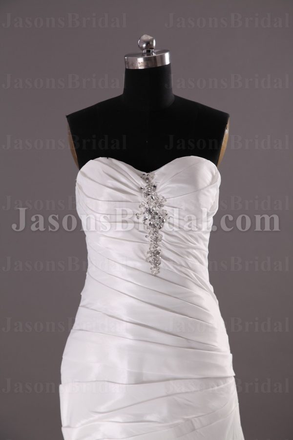 Fit-and-Flare Sweetheart Ruched Jeweled Asymmetrical Pleated Side Motif Sweep Train Satin Wedding Dresses